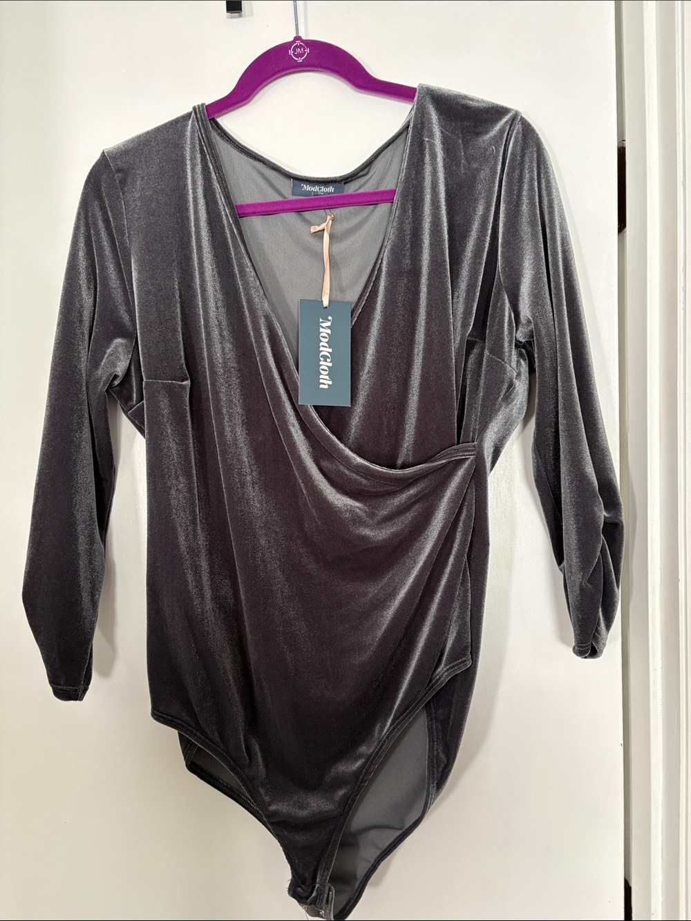 ModCloth Silver-Gray Velvet Wrap-Front Long-Sleeve Bodysuit